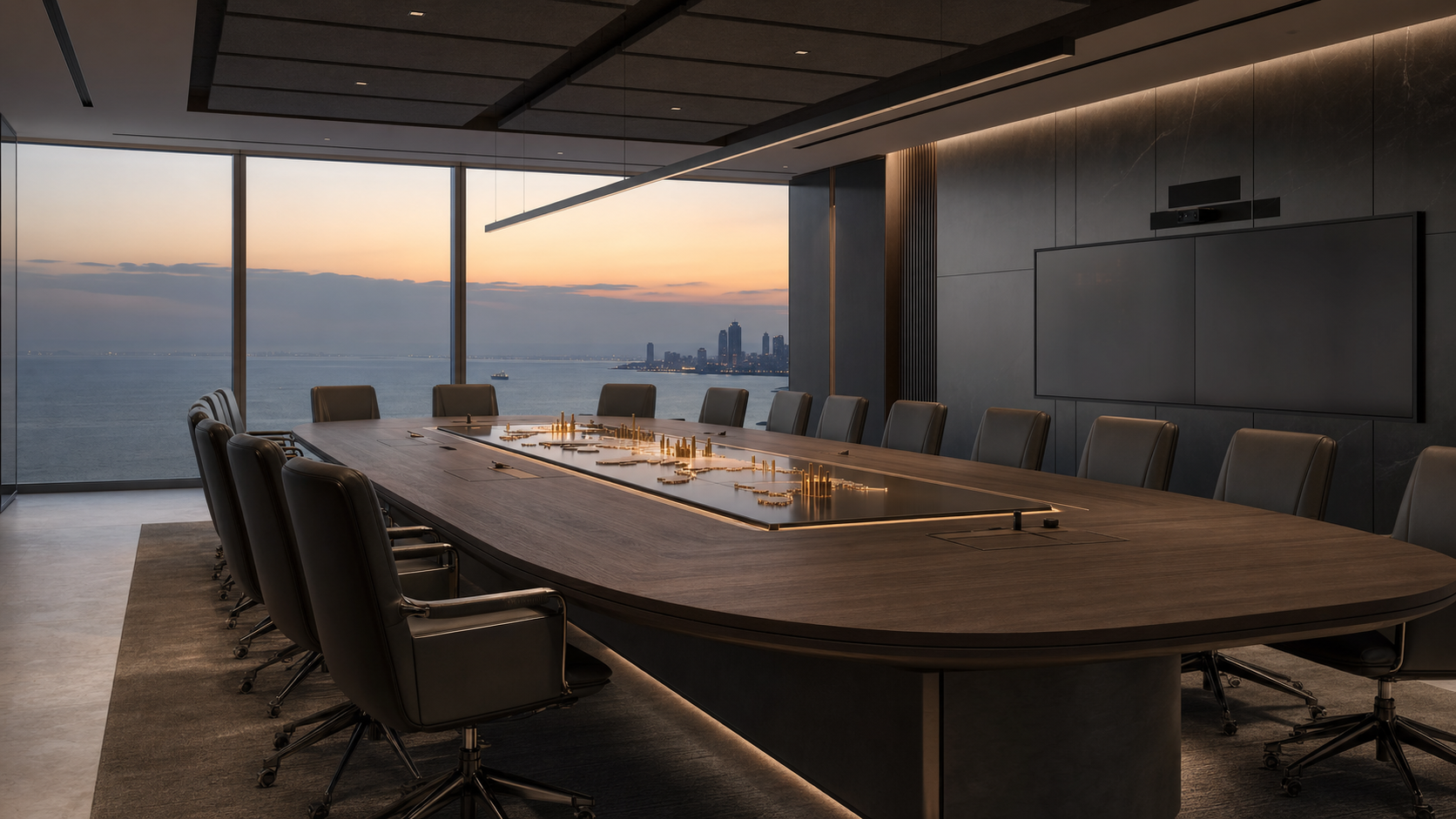 Premium Invesco boardroom overlooking the Mumbai sea with an illuminated portfolio table.